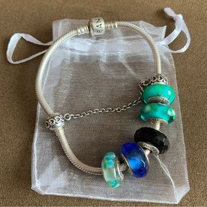 Auth Pandora Snake Chain Bracelet w/ 5 Pandora Charms & 1 Pandora Safety Chain